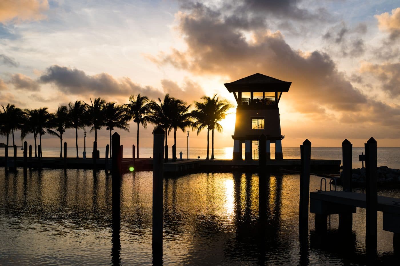 Sunset Point observation tower silhouetted against a Florida Keys sunset